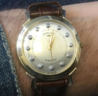 Vtg 1950s Hamilton “van Horn” 14k Solid Gold Electric Watch W/rare Diamond Dial