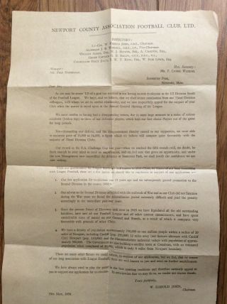 Very Rare - Newport County - Official Club Letter Seeking League Re - Election 1950