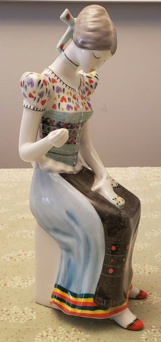 Vintage Hollohaza Hungary Hand Painted Porcelain Figurine Sewing Lady 4834