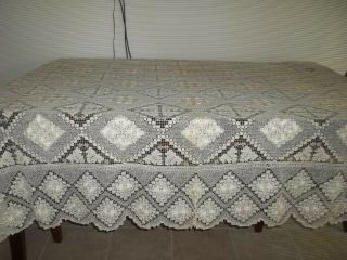 Vintage Antique Floral Ecru Crochet Lace Bedspread Tablecloth Queen King 92x84