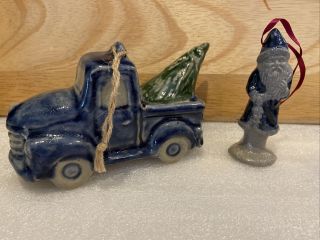 1995 Rowe Pottery Santa Claus Lantern Ornament And Truck With Tree Rare