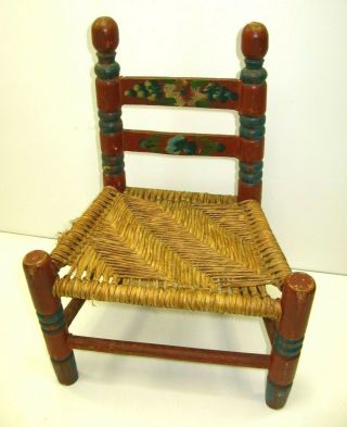 Antique Small Child Wood Wicker Rush Seat Chair Handmade Turned Painted Vtg Red