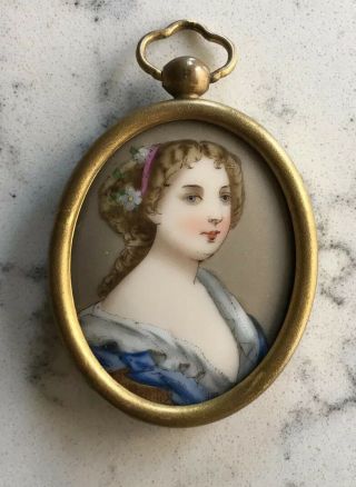 Antique Vintage Portrait Miniature On Porcelain Pendant Woman Lady Bust