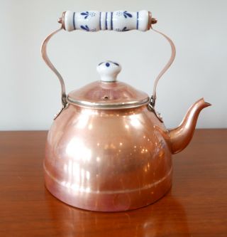 Antique Copper Teapot Tea Kettle French Gooseneck Spout With Porcelain Handle
