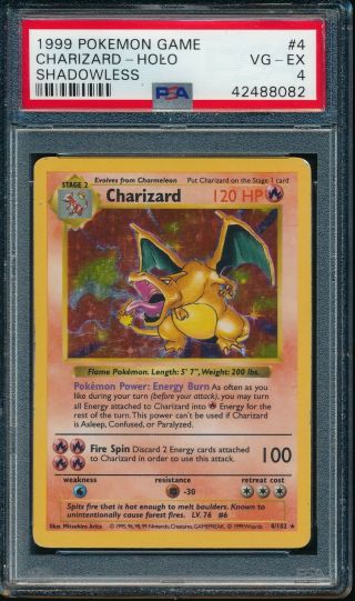 Psa 4 Charizard 1999 Pokemon Base Unlimited Shadowless 4/102 Holo Rare Vg - Ex
