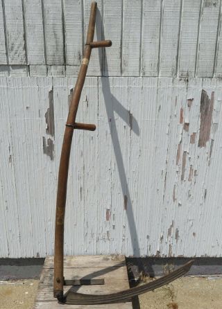 Antique 59 " Long Scythe Hay Grain Sickle Farm Tool Blade Is 29 " Long With Labels