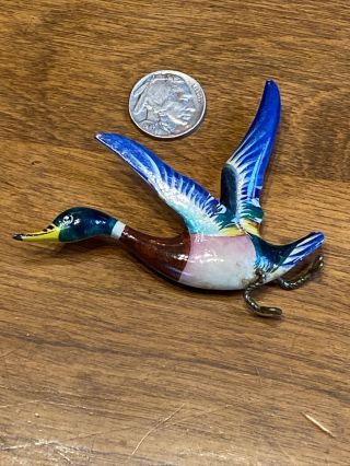 Vntg Antique Hand Painted Carved Wood Mallard Duck Taking Off Brooch Pin Unique