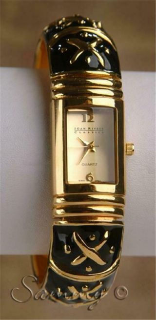 Rare Joan Rivers Gold W Black Enamel Hinged Cuff Bracelet Watch -