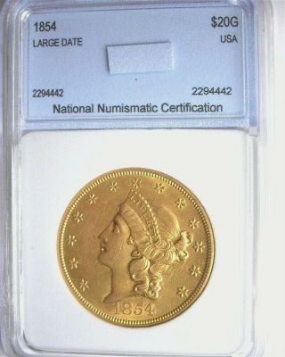 1854 LIBERTY HEAD $20 GOLD NEAR CHOICE UNCIRCULATED LARGE DATE EXTRA RARE 2
