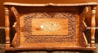 Vintage Wood Serving Tray Intricate Carved Wooden With Inlay Spindle Handles