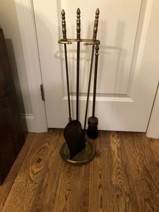 Antique Vintage Fireplace Tools And Stand Brass