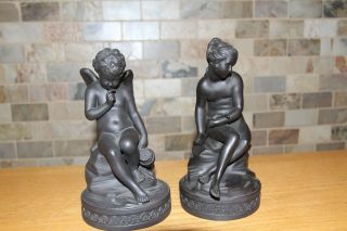 Rare Pair Wedgwood Black Basalt Decorative Figurines: Cupid And Psyche (c.  1820)