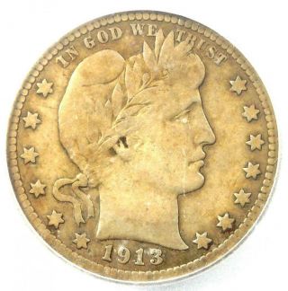 1913 - S Barber Quarter 25c - Certified Icg F12 Detail (fine) - Rare Key Date Coin