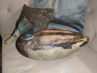 Old Vintage Duck Decoy,  With Weight,  16 " By 7 " Antique,  Green Head Duck