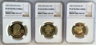 Ngc - Pf69uc Vietnam 1989 Brass 5 - 10 - 20 Dong Coins Proof Set Rare