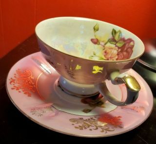 Vintage Lm Royal Halsey Very Fine Pink Tea Cup And Saucer Rose Design Lusterware