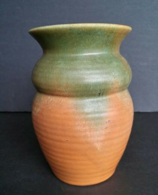 Antique Muncie Arts & Crafts Pottery Vase - Moss Green Pumpkin Orange Matte 2