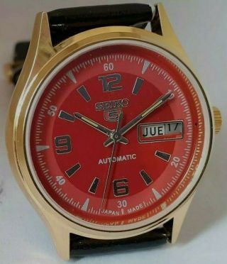 6309 Watch Gold Pleated Seiko 5 Day Date Automatic Red Color Dial Japan Made