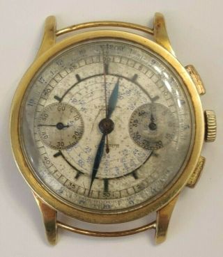 Rare Early Vintage Universal Geneve Compur 18k Yellow Gold Chronograph Wire Lugs