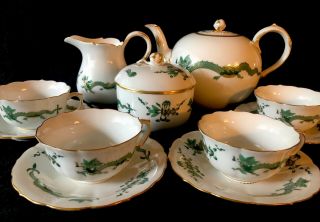 Antique Meissen Porcelain Rich Green Dragon Tea Set Rare Set 1st Quality