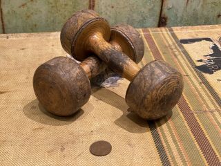 Rare Antique Wooden Dumbbells Hand Weights