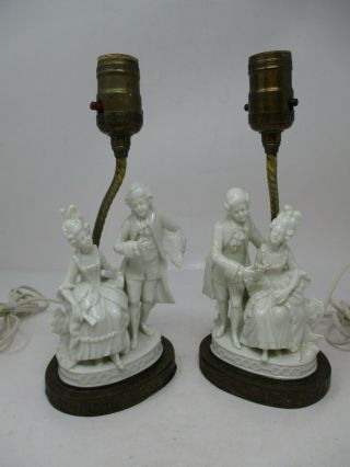 Vintage Colonial Victorian Couple Porcelain Brass Boudoir Table Lamps Set Of 2