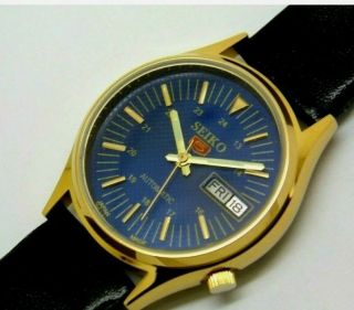 Gold Pleated Seiko 5 Day Date Automatic Blue Color Dial.  Japan Made Wrist Watch