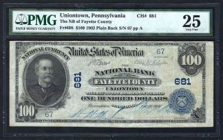 Pa 1902 $100 Low S/n:67 ♚♚uniontown,  Pennsylvania♚♚ Pmg Vf 25 Rare Note