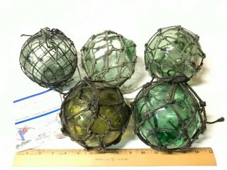 5 Vintage Japanese Fishing Net Float Blue & Green Glass W/ Bubbles