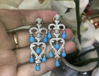 Rare Vtg Van Cleef & Arpels Vca 18k Gold Turquoise Diamond Chandelier Earrings