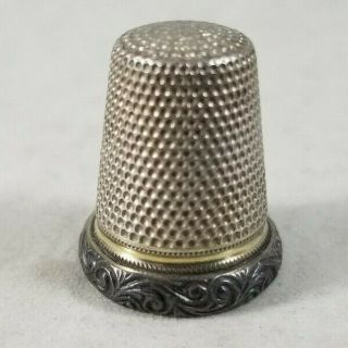 Ornate German Or Austrian 800 Silver Thimble Gold Rim Etched Floral Sterling