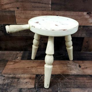 Vintage Wooden 3 Legged Milk Stool With Handle Primitive Colonial Solid Wood