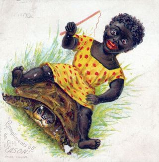 Antique 1890 Black Americana Trade Card Cute Girl Turtle Hildesheimer & Company