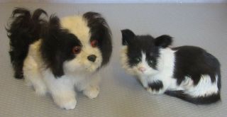 Antique Vtg Real Fur Cat & Dog Pair Black Brown & White Long Hair Glass Eyes