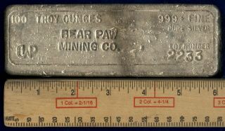 Vintage Bear Paw Mining Co.  100 Oz.  999 Fine Silver Bar - Very Rare