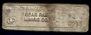 Vintage Bear Paw Mining Co.  100 oz.  999 Fine Silver Bar - Very Rare 2