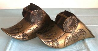 Antique Embossed Pair Battle Worn Brass Spanish Conquistador Stirrup Shoes