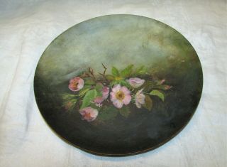 Antique Victorian Hand Painted Wooden Plate Bowl Pink Flowers Daisies