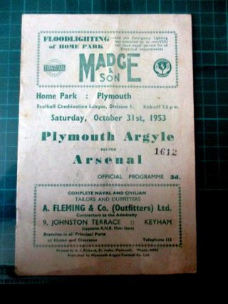 1953 Football Programme Plymouth Argyle V Arsenal - Rare