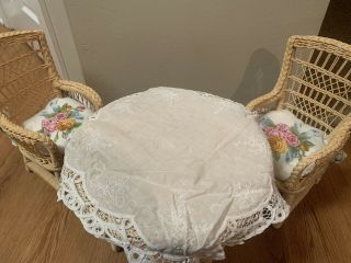 Rare American Girl Doll Samantha`s Wicker Table Chairs Cushions Tablecloth