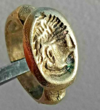 Rare Unusual Ancient Roman Bronze Seal Ring Depicting Emperor Ca 1500 Ad