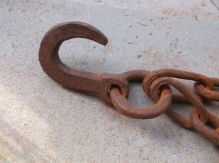 Antique Hand Forged Chain W Hook & Ring Farm Ship Logging Hoist Blacksmith Rare
