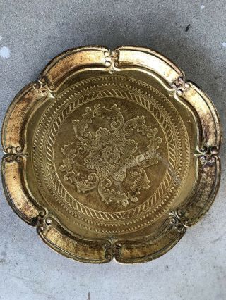 Vintage Italian Gold Leaf Gilt Florentine Round Tray Platter Floral Wood 16 In