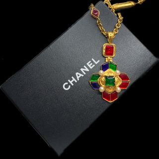 Chanel Vintage Cc Stone Red Green Gold Chain Pendant Necklace 94a 35.  4inch Rare