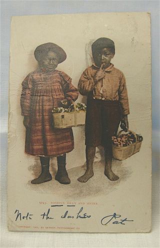 Antique - - - - Black Americana - - - Post Card - - " Bashful Billy And Sister " - - - 1905