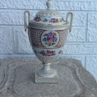 Dresden Antique Floral Porcelain Covered Urn With Handles Signed