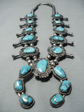 Very Rare Vintage Navajo Turquoise Sterling Silver Squash Blossom Necklace