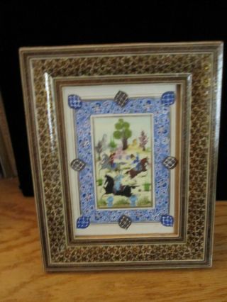 Vintage Persian Miniature Painting Equestrian Marquetry Frame Hand Painted Hunt