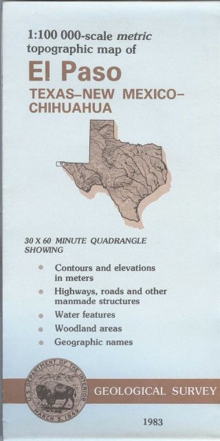 Usgs Topographic Map El Paso - Usa Texas Mex.  - Mexico Chihuahua - 1983 100k
