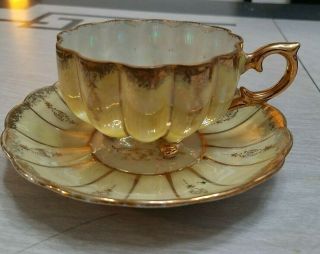 Vintage Royal Sealy China Opalescent Footed Tea Cup And Saucer Gold & Teal Japan